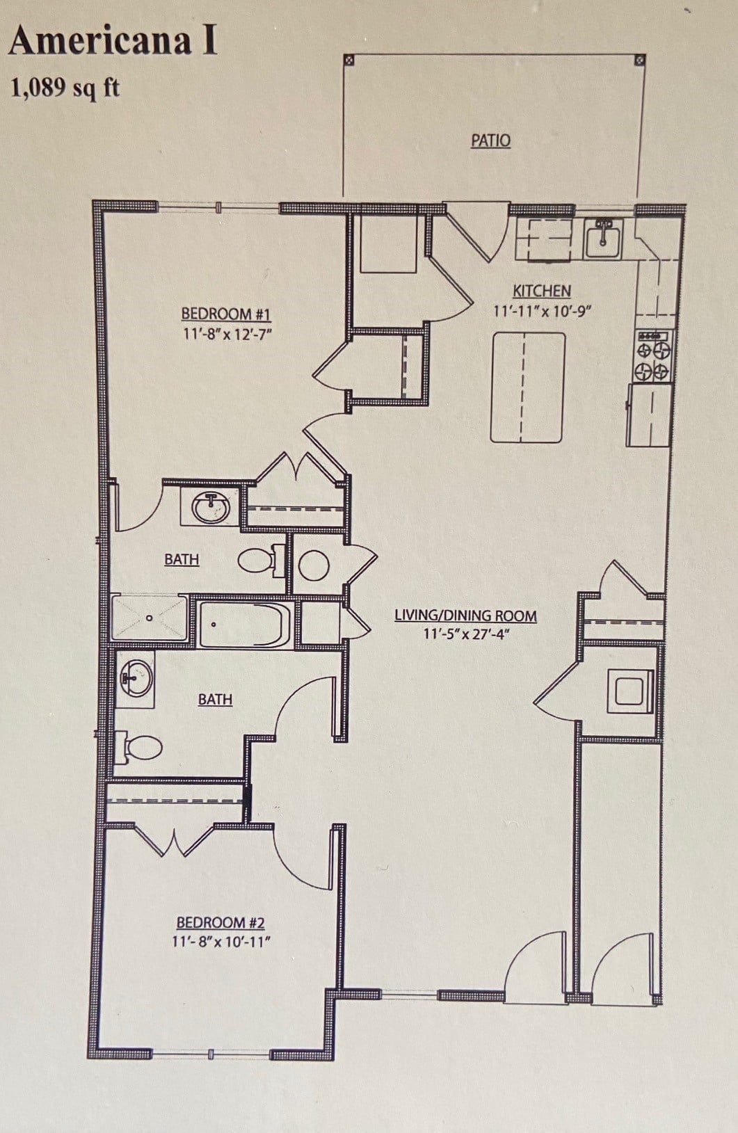 Floor plan for 2 beds, 2 baths, 1089 sqft